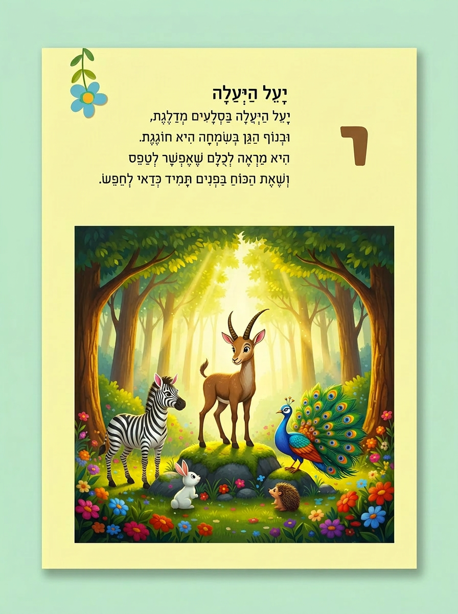 דוגמה לדף פנימי מתוך הספר אותיות הגן הקסום - השיר 'יעל היעלה'