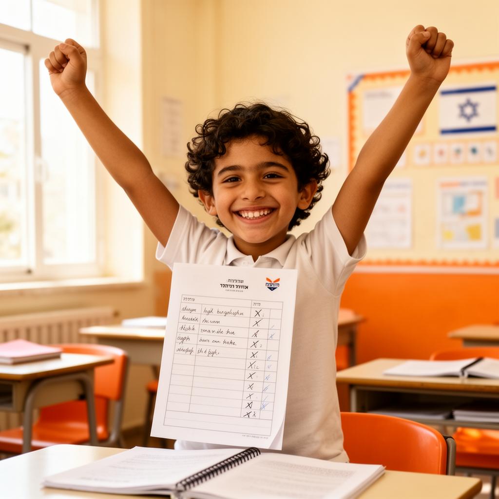 ילד חוגג הצלחה לימודית עם זרועות מורמות