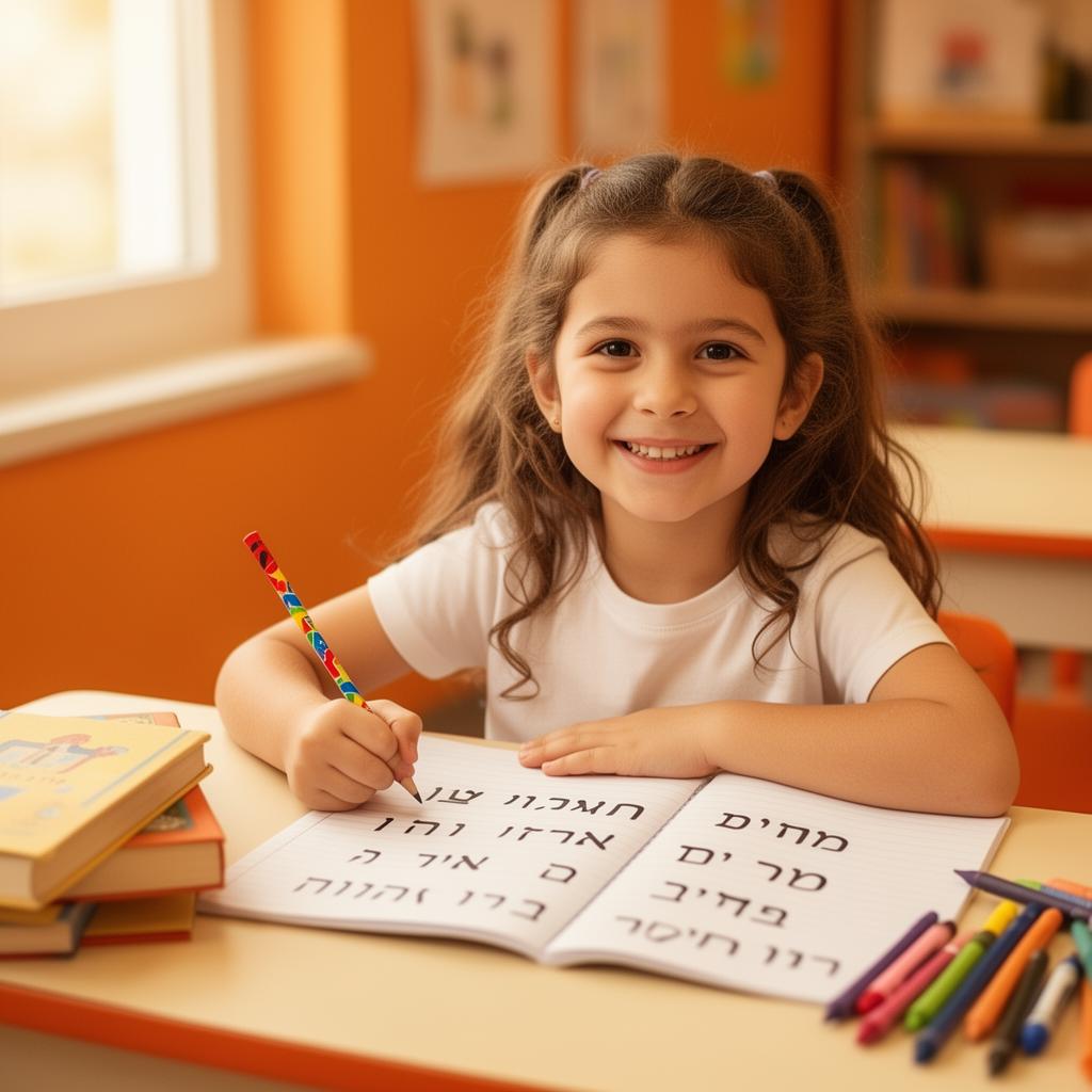 תלמידת כיתה א' מחייכת ולומדת אותיות בעברית במרכז הלמידה